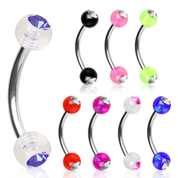 316L Surgical Steel Curved Barbell with UV Coated Acrylic Gemmed Balls-WildKlass Jewelry