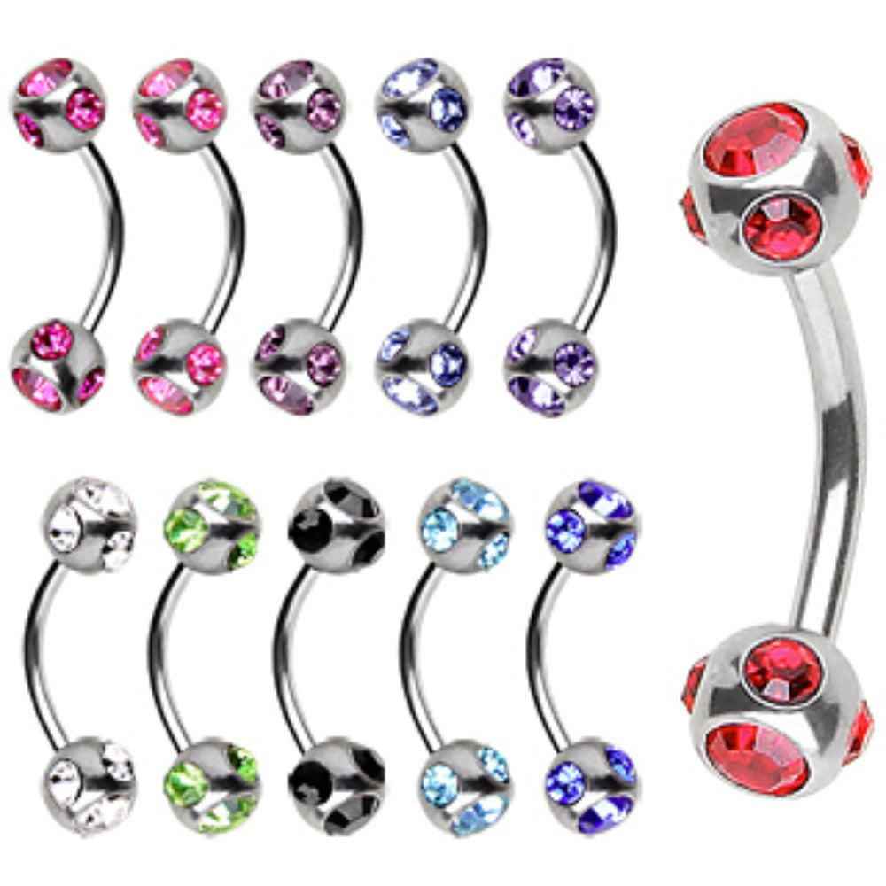 Surgical Steel Curved Barbell Eyebrow Ring with Acrylic Balls with CZ Gems  | Pierced Universe