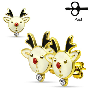 Pair of Christmas Gemmed Reindeers 316L Stainless Steel WildKlass Stud Earring-WildKlass Jewelry