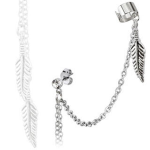 Feather Dangles with Stud Chain Ear WildKlass Ring with End Clip 316L Surgical Stainless Steel (Sold by Piece)-WildKlass Jewelry