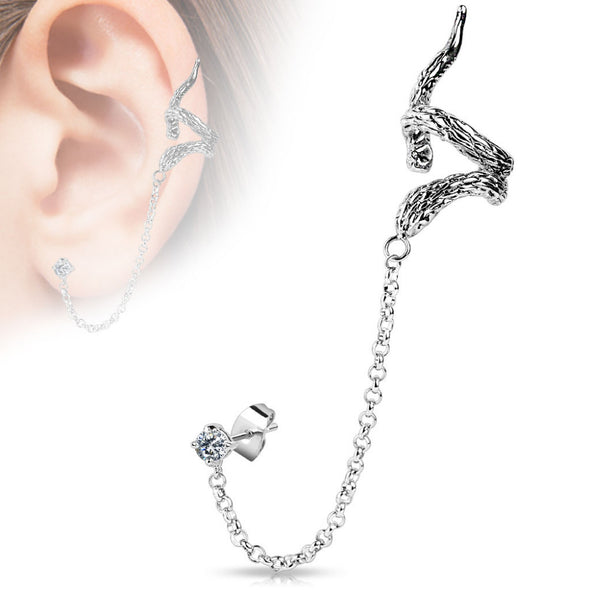 Snake Design WildKlass Ear Cuff with Chain Linked Clear CZ set Stud Ear WildKlass Rings (Sold by Piece)-WildKlass Jewelry