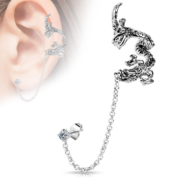 Flying Dragon Design WildKlass Ear Cuff with Chain Linked Clear CZ set Stud Ear WildKlass Rings (Sold by Piece)-WildKlass Jewelry
