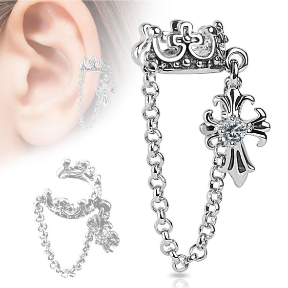 Crown with Chain and Clear CZ Set Cross Dangle Non-Piercing WildKlass Ear Cuff (Sold by Piece)-WildKlass Jewelry