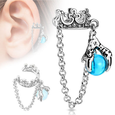 Crown with Chain and Dragon WildKlass Ball Dangle Non-Piercing WildKlass Ear Cuff (Sold by Piece)-WildKlass Jewelry