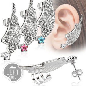 Angel Wing WildKlass Ear Cuff with Star CZ Stud 316L Surgical Steel (Sold by Piece)-WildKlass Jewelry