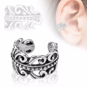 Carved Swirls Rhodium Plated Brass Non Piercing WildKlass Ear Cuff (Sold by Piece)-WildKlass Jewelry