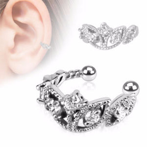 Beads Trimmed Clear CZ Rhodium Plated Brass Non-Piercing WildKlass Ear Cuff (Sold by Piece)-WildKlass Jewelry
