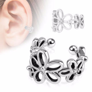 Flower with Clear CZ Rhodium Plated Brass Non-Piercing WildKlass Ear Cuff (Sold by Piece)-WildKlass Jewelry
