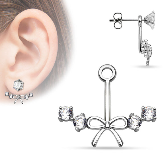 Ribbon Center with 4 CZs Add On Ear WildKlass Ring/Cartilage WildKlass Barbell Jacket (Sold by Piece)-WildKlass Jewelry