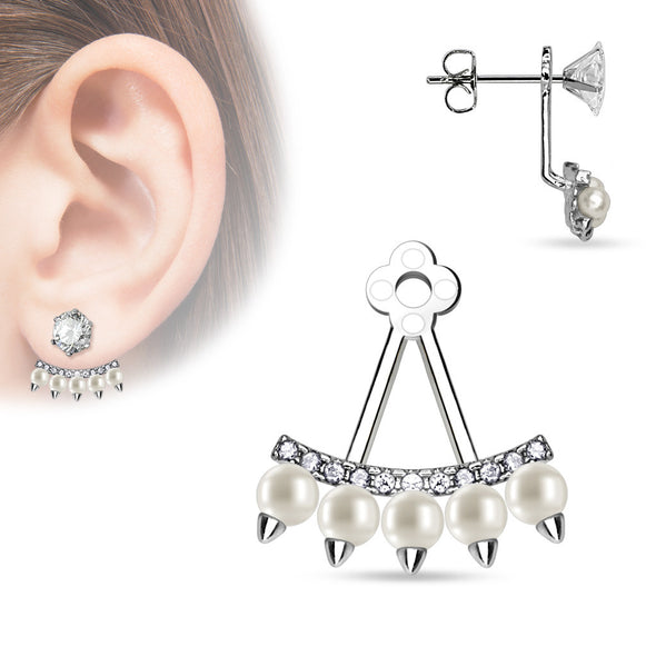 Lined CZ Fan with Pearls Add On Ear WildKlass Ring/Cartilage WildKlass Barbell Jacket (Sold by Piece)-WildKlass Jewelry