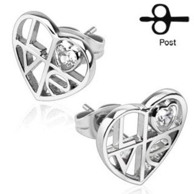 Pair of .925 Silver 'LOVE' Cutout Heart Stud Ear WildKlass Rings (Sold as a Pair)-WildKlass Jewelry