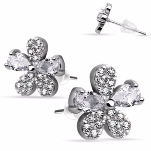 Pair of Stainless Steel Multi Paved Gem Flower CZ Stud Ear WildKlass Rings (Sold as a Pair)-WildKlass Jewelry