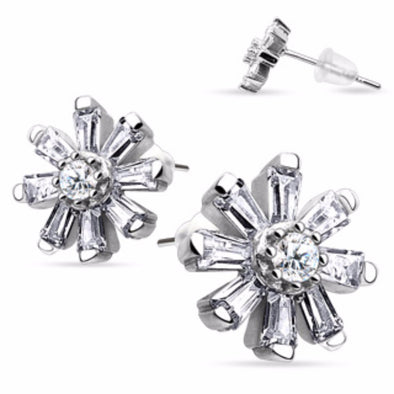 Pair of Stainless Steel Multi CZ Flower Stud Ear WildKlass Rings (Sold as a Pair)-WildKlass Jewelry