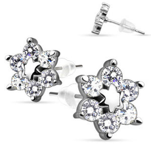 Pair of Stainless Steel Center Star Flower w/ CZ Shard Petals Stud Ear WildKlass Rings (Sold as a Pair)-WildKlass Jewelry