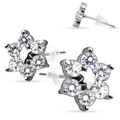 Pair of Stainless Steel Center Star Flower w/ CZ Shard Petals Stud Ear WildKlass Rings (Sold as a Pair)-WildKlass Jewelry