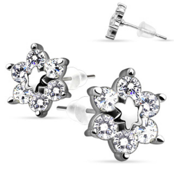 Pair of Stainless Steel Center Star Flower w/ CZ Shard Petals Stud Ear WildKlass Rings (Sold as a Pair)-WildKlass Jewelry