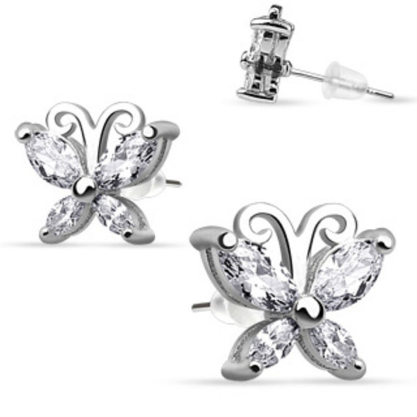 Pair of Stainless Steel CZ Butterfly Stud Ear WildKlass Rings (Sold as a Pair)-WildKlass Jewelry