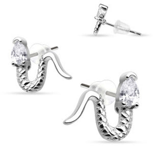 Pair of Stainless Steel CZ Snake Stud Ear WildKlass Rings (Sold as a Pair)-WildKlass Jewelry