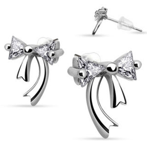 Pair of Stainless Steel Double Gem Ribbon Stud Ear WildKlass Rings (Sold as a Pair)-WildKlass Jewelry
