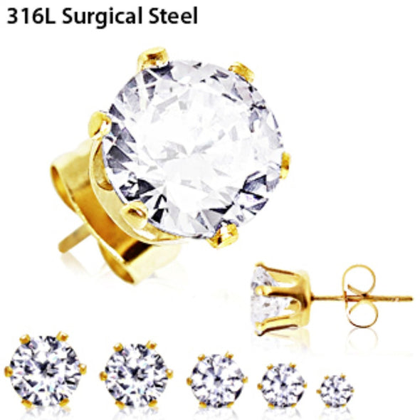 Pair of Gold Plated Clear Round CZ Stud Earrings-WildKlass Jewelry