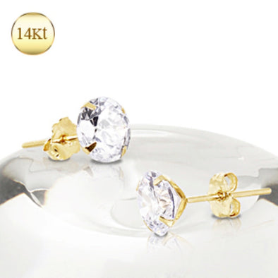 Pair of 14Kt Yellow Gold Clear Round CZ Stud Earrings-WildKlass Jewelry