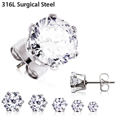 Pair of 316L Surgical Steel Clear Round CZ Stud Earrings-WildKlass Jewelry