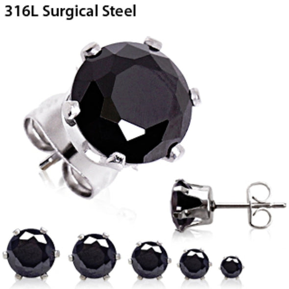 Pair of 316L Surgical Steel Black Round CZ Stud Earrings-WildKlass Jewelry