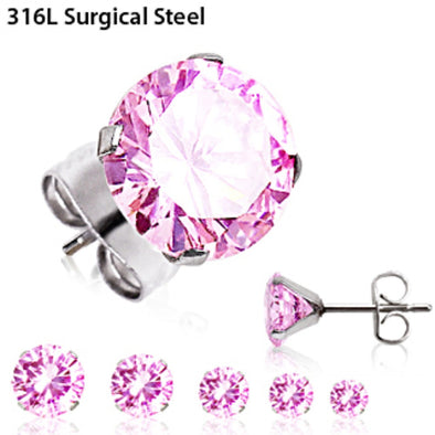 Pair of 316L Surgical Steel Pink Round CZ Stud Earrings-WildKlass Jewelry