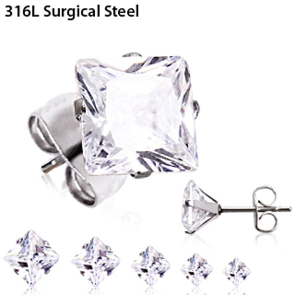 Pair of 316L Surgical Steel Clear Princess Cut CZ Stud Earrings-WildKlass Jewelry
