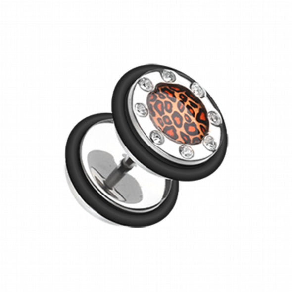 Leopard Gem Rimmed Steel Fake Plug-WildKlass Jewelry