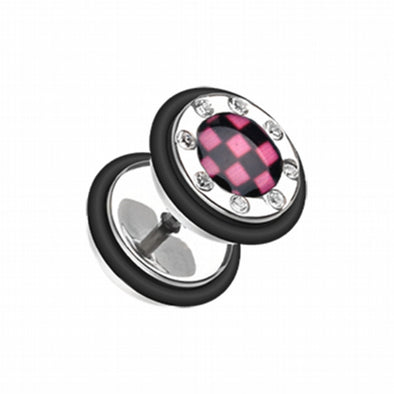 Checker Gem Rimmed Steel Fake Plug-WildKlass Jewelry