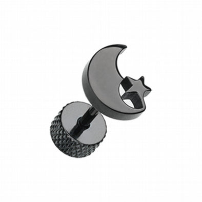 Blackline Crescent Moon & Star Steel Fake Plug-WildKlass Jewelry