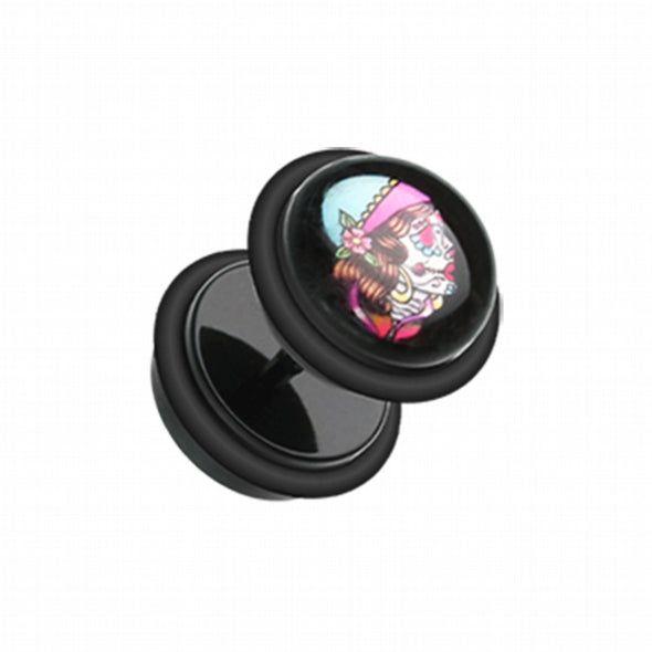 Day of the Dead Lady Skull Acrylic Fake Plug with O-Rings-WildKlass Jewelry