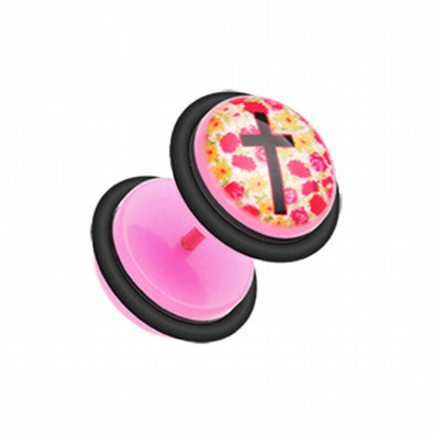 Floral Cross Acrylic Fake Plug with O-Rings-WildKlass Jewelry
