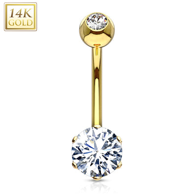 Round 6mm Prong Set CZ with 14 Karat Solid Yellow Gold Navel Ring-WildKlass Jewelry