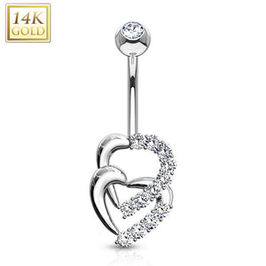 Double Heart Multi CZ WildKlass Navel Ring 14 Karat Solid Yellow Gold-WildKlass Jewelry