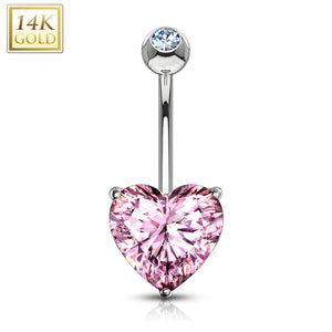Heart CZ Prong Set 14 Karat Solid Yellow Gold WildKlass Navel Ring-WildKlass Jewelry
