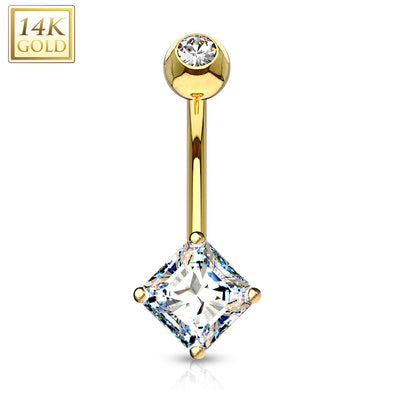 14 Karat Solid Gold Navel Ring with Square Princess Cut CZ-WildKlass Jewelry