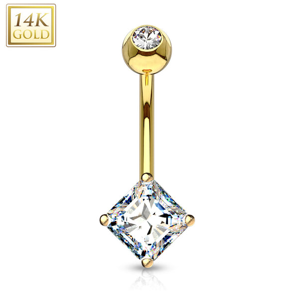 14 Karat Solid Gold Navel Ring with Square Princess Cut CZ-WildKlass Jewelry