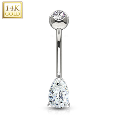 Tear Drop CZ Prong Set 14 Karat Solid Yellow Gold Navel Ring-WildKlass Jewelry