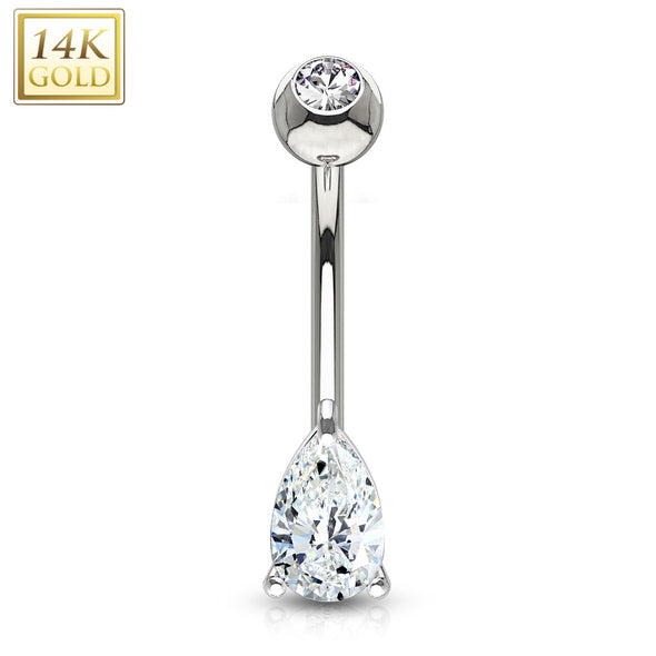Tear Drop CZ Prong Set 14 Karat Solid Yellow Gold Navel Ring-WildKlass Jewelry