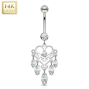 Marquise CZ Dangle Heart Chandelier 14 Karat Solid Gold WildKlass Navel Ring-WildKlass Jewelry