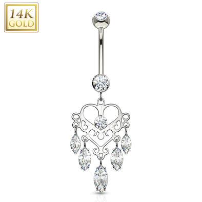 Marquise CZ Dangle Heart Chandelier 14 Karat Solid Gold WildKlass Navel Ring-WildKlass Jewelry