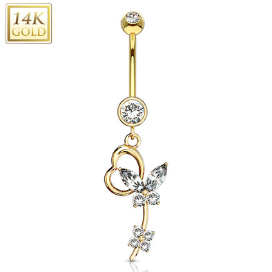 Marquise CZ Butterfly Heart Loop Dangle 14 Karat Solid Gold WildKlass Navel Ring-WildKlass Jewelry