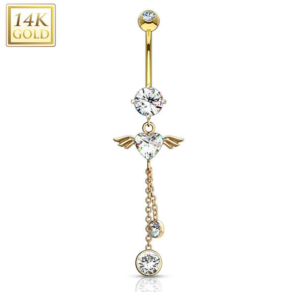 14 Karat Solid Gold WildKlass Navel Ring with Angel Wing Heart CZ Dangle-WildKlass Jewelry