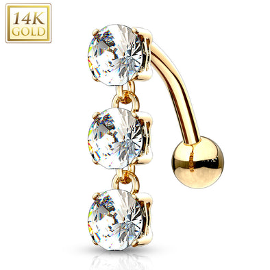14 Karat Solid Gold Top Down Triple CZ Stones Dangle WildKlass Navel Ring-WildKlass Jewelry