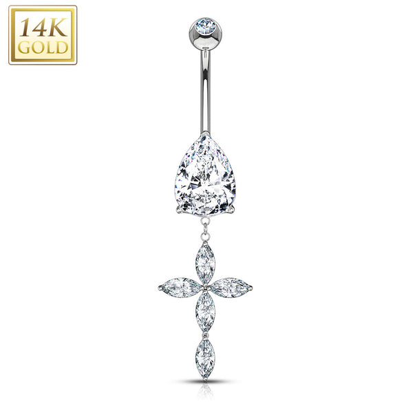 Cross Marquise Dangle w/ Teardrop CZ Prong 14 Karat Solid Gold WildKlass Navel Ring-WildKlass Jewelry