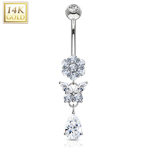 Pear Cut CZ Dangle with Gemmed Flower and Butterfly 14 Karat Solid Gold WildKlass Navel Ring-WildKlass Jewelry