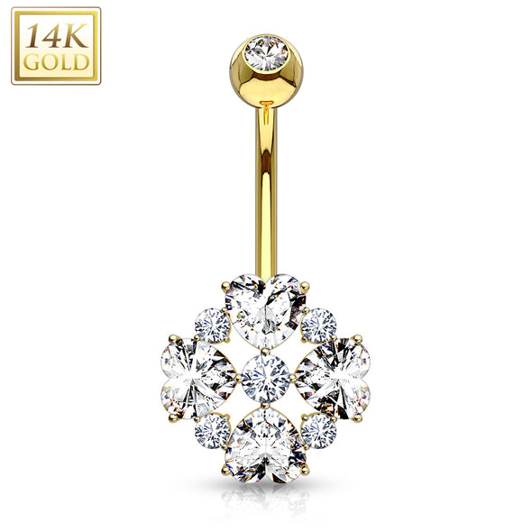 Heart Cut Flower Petals CZ 14 Karat Solid Gold WildKlass Navel Ring-WildKlass Jewelry