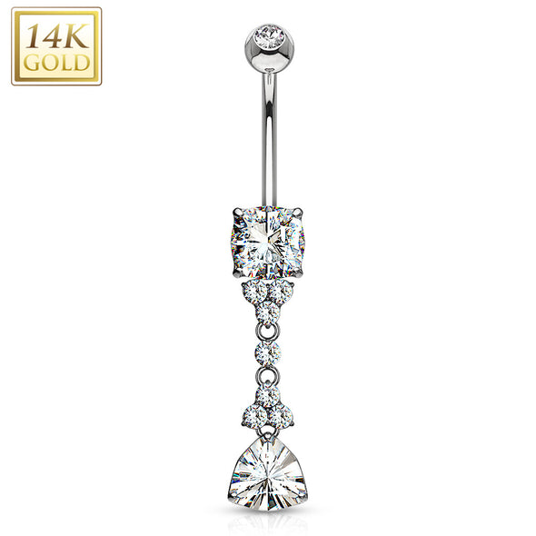 Trillion Cut Triangle CZ Dangle with Flowers and Pronged Princess Cut Gem 14 Karat Solid Gold WildKlass Navel Ring-WildKlass Jewelry
